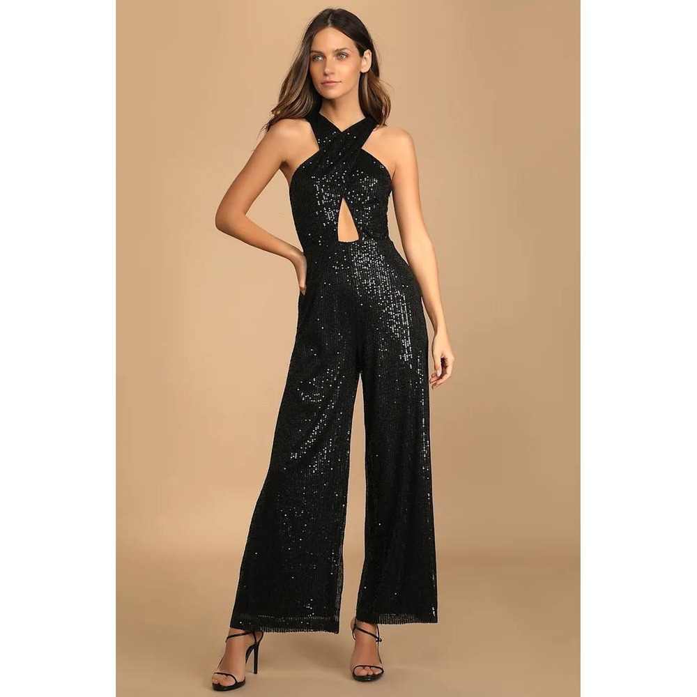 Lulus Size M Shining Confidence Black Sequin Cutout Halter Wide-Leg Jumpsuit